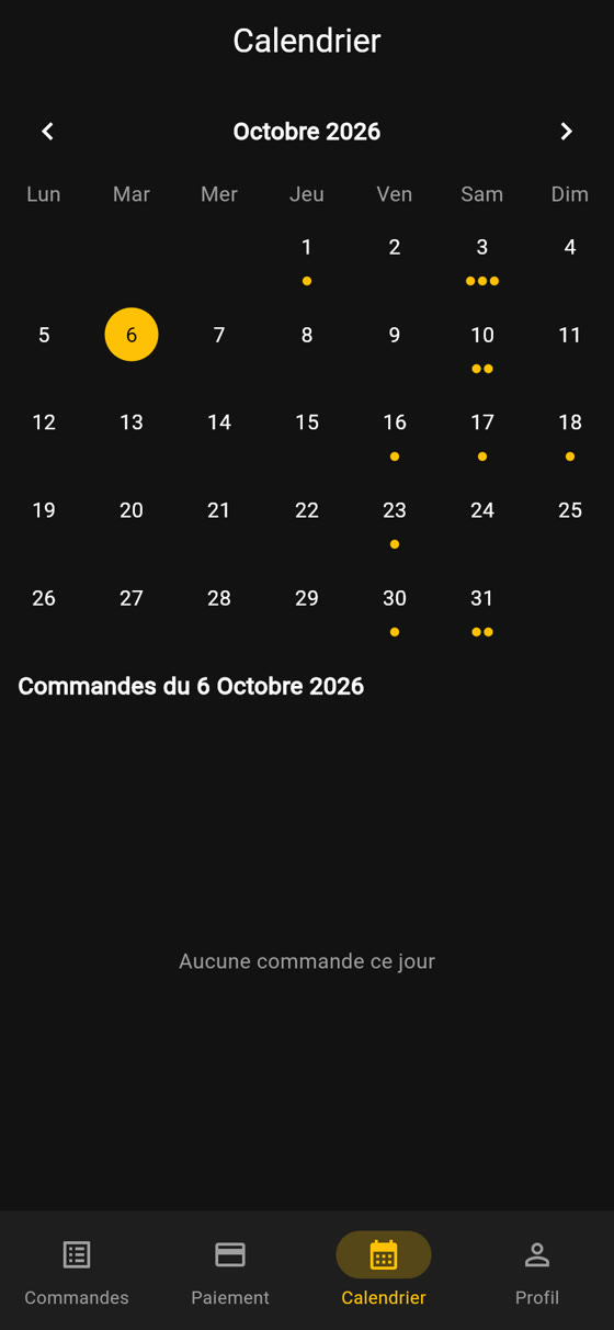 Écran Calendrier de Catering App