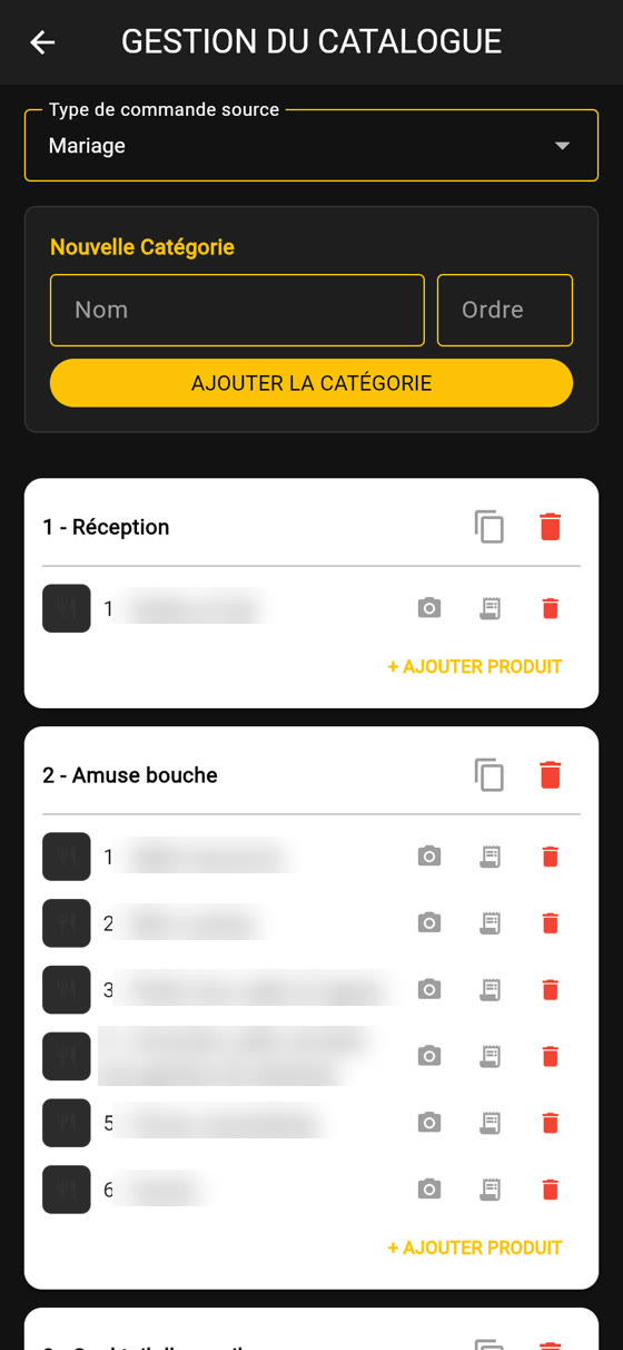 Écran Catalogue de Catering App
