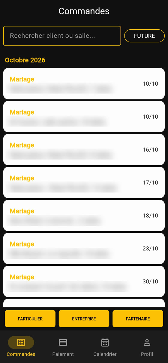 Écran Commandes de Catering App